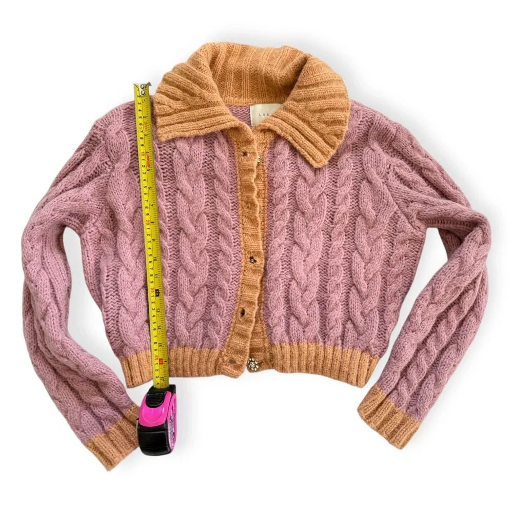 Lush Pink Orange Contrast Trim Cable Knit Cropped Cardigan Small Fairy Indie Fun - Picture 6 of 6